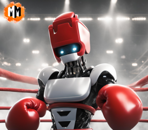 Robot wearing boxing gloves throwing a punch, symbolizing AI boosting productivity and creativity in the workplace