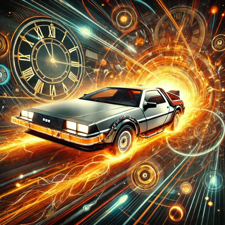 An action-packed illustration of a futuristic car inspired by the DeLorean, traveling through time with glowing energy trails and a vibrant, cinematic backdrop.